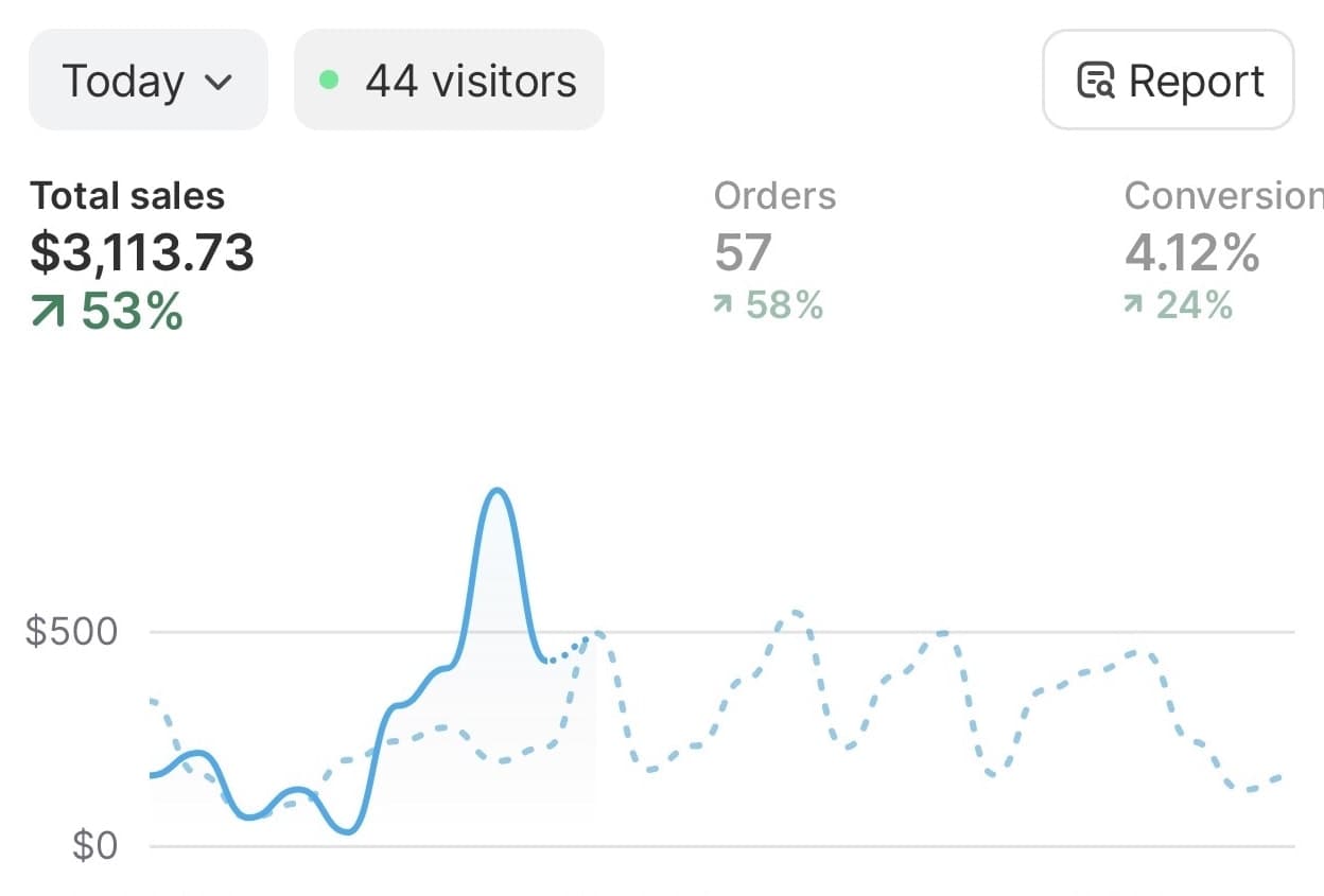 Shopify dashboard, today: total sales $3,113.73, up 53 percent, 57 orders, 4.12 percent conversion rate.